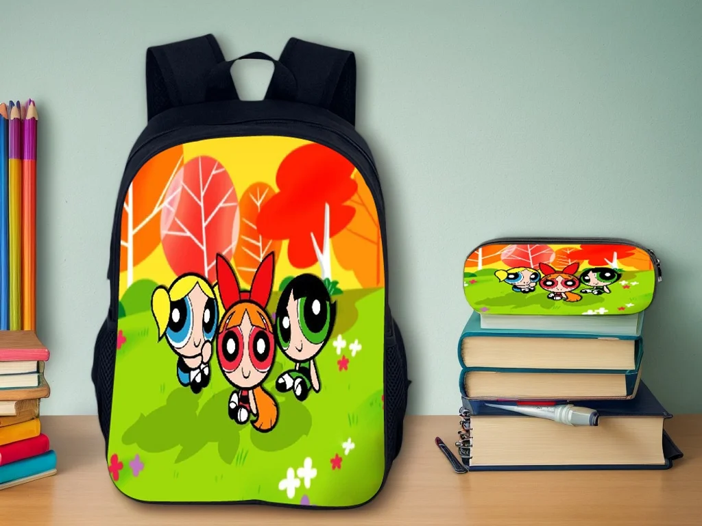 Hot New The Powerpuff Girls Backpack+Pencil Case 2 Pcs/Set-Student 2 in 1 Schoolbag Kids Casual Knapsack