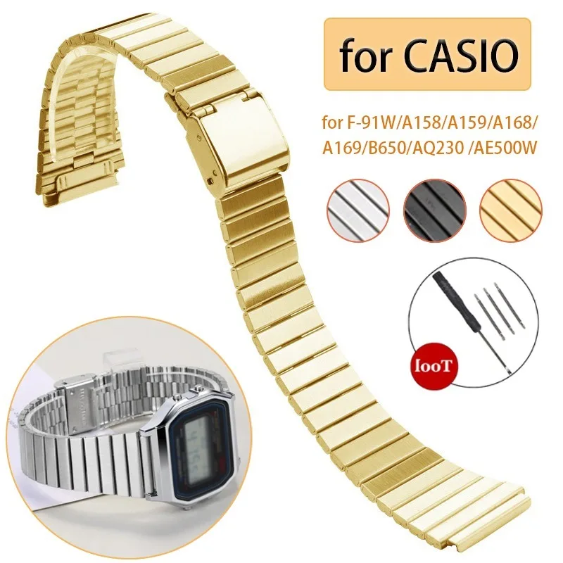 Vintage Watchband for CASIO F-91W/A158/A159/A168/A169/B650/AQ230 /AE500W Stainless Steel Strap 18/20mm Ultra-thin Metal Bracelet