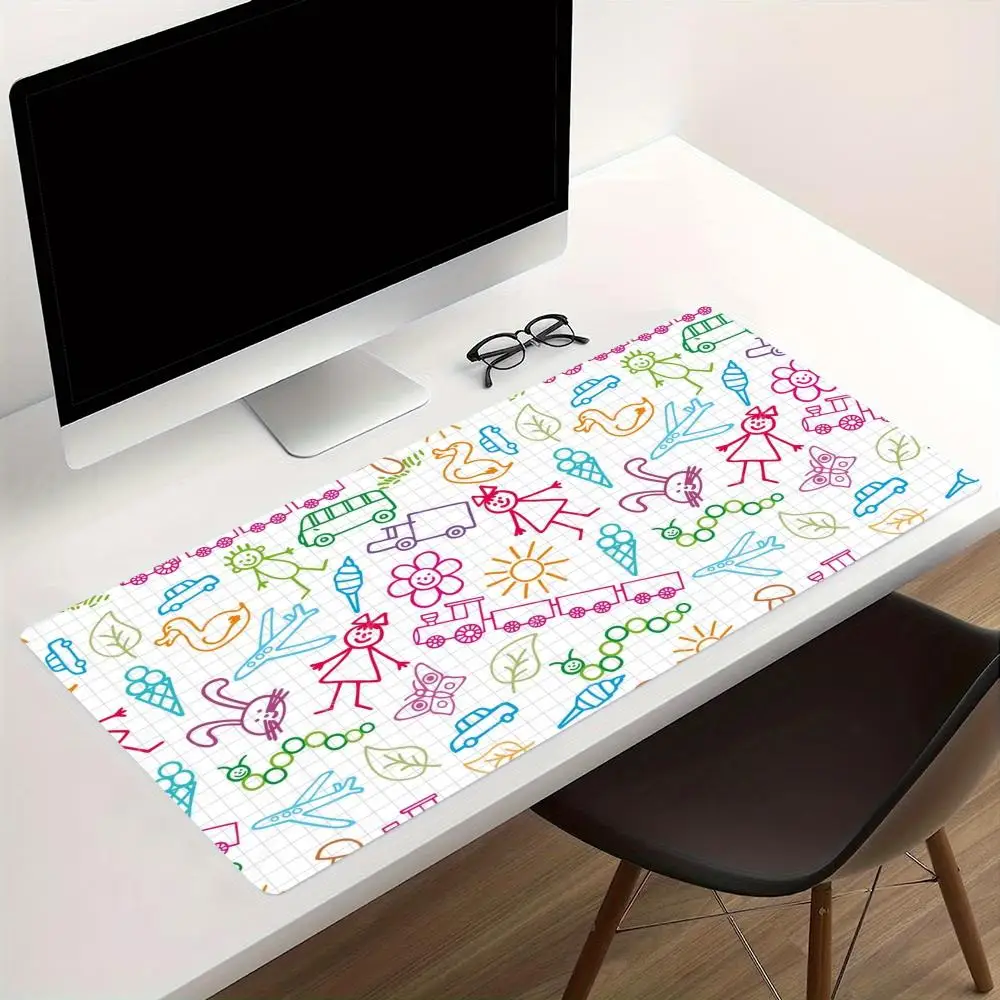 Cute Doodle School Bus Rainbow Extended Mouse Pad Non Slip Rubber Desk Mat For Gaming Laptop Keyboard Home And Office Work Table