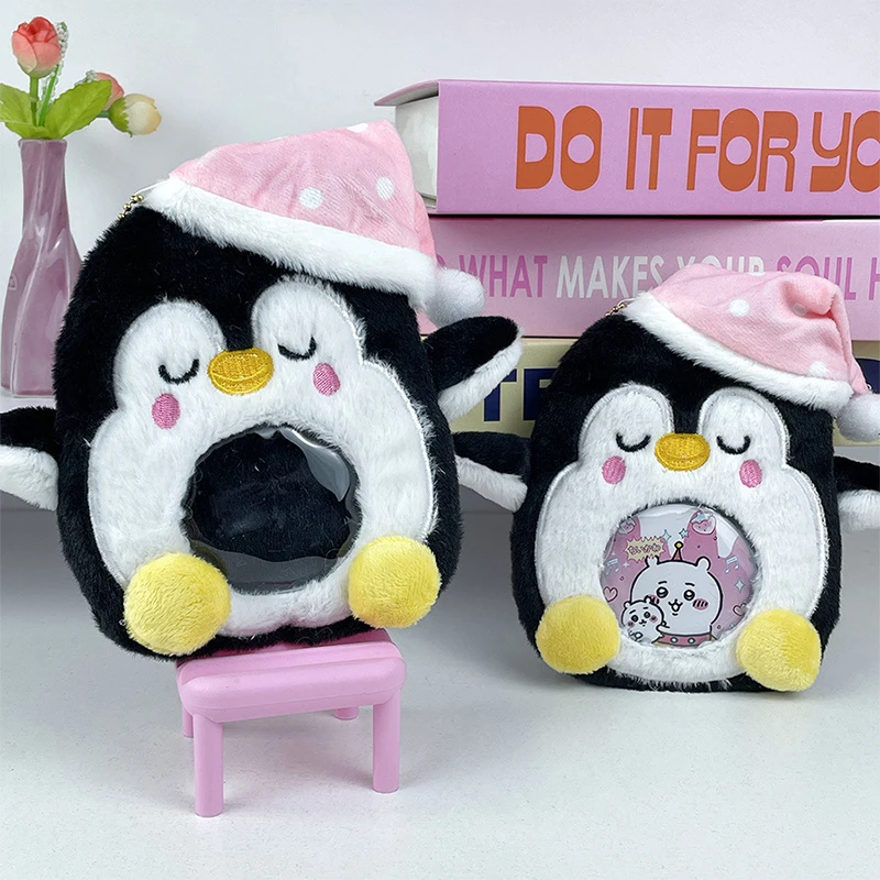 Desenhos animados Animal Sleepcap Penguin Plush Card Set, Chaveiro, Rodada foto titular do cartão, pingente, chaveiro para mulheres, estudantes, exibição de fotos