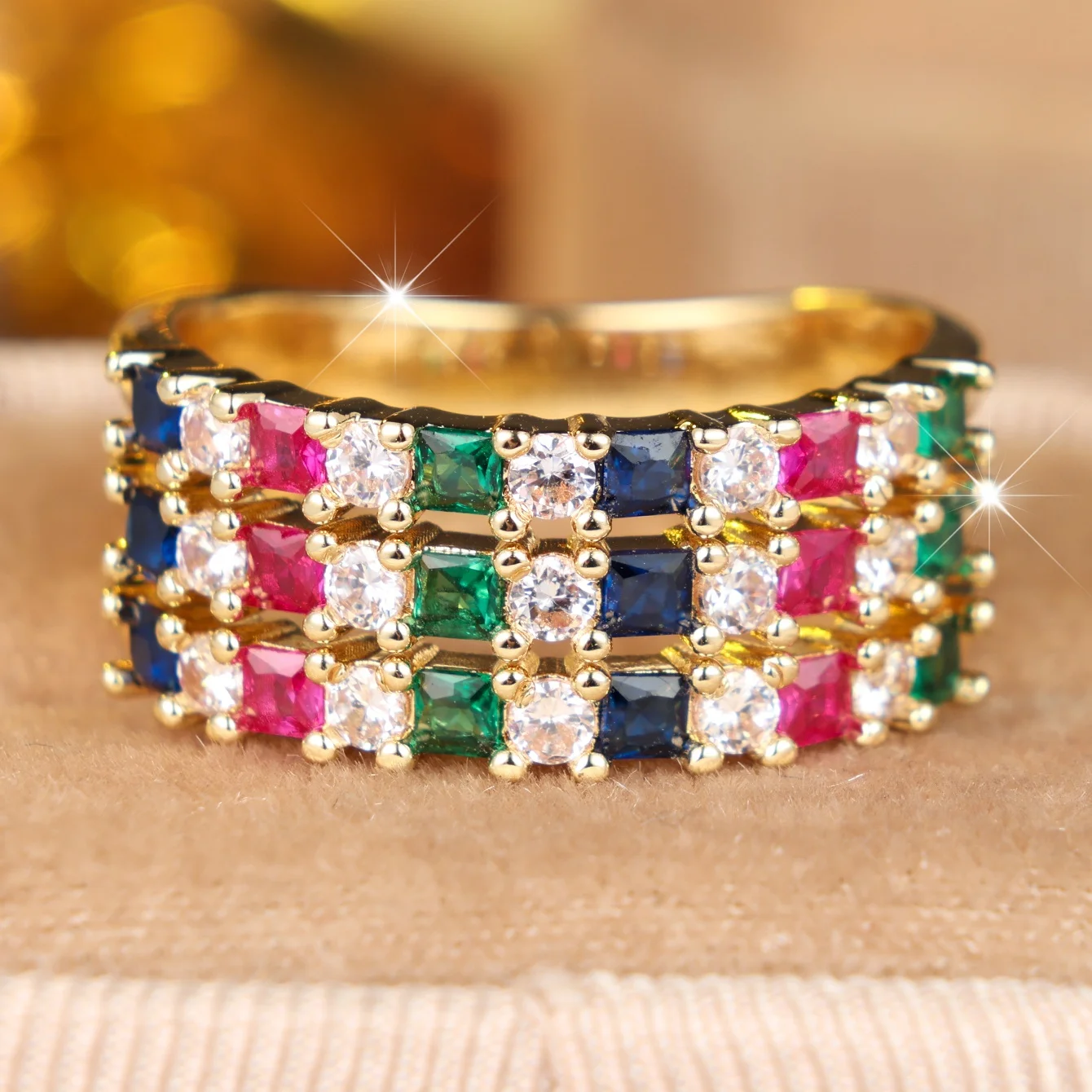 Anillo pequeño redondo con piedra arcoíris para mujer, joyería de boda de color dorado vintage para mujer