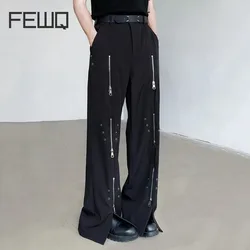 FEWQ Design Zipper Men Pants 2024 Darkwear New Korean Fashion Split Hem Wide Leg Male Trousers New Summer Casual 24E1017