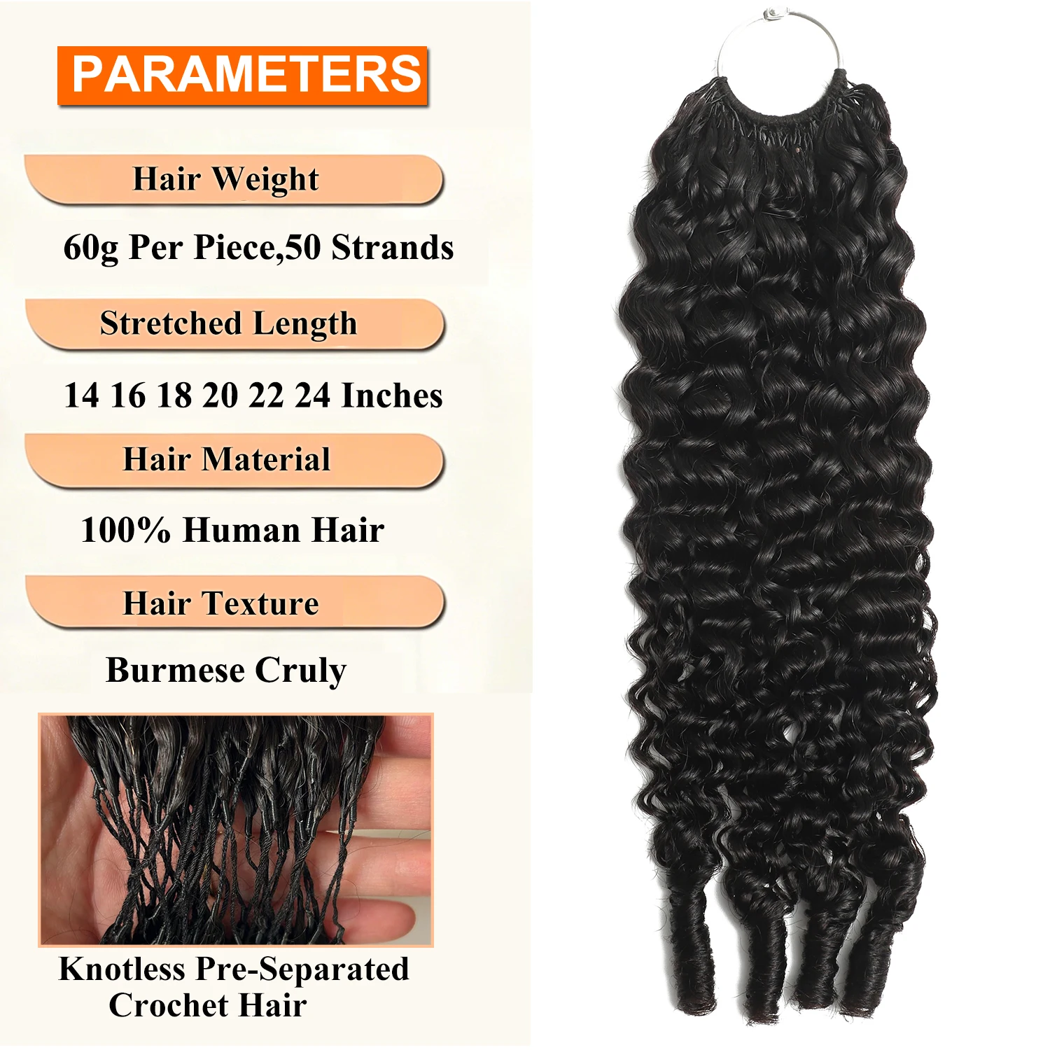 Burmese Curly Crochet Human Hair 20 Inch 120g Knotless Pre-Separated Feather Human Hair Crochet Bundles 3C4A Lightweight Reusable Remy Hair Extensions for Women Natural Black Color