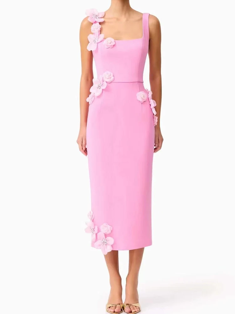 2025 summer women's new square collar three-dimensional beaded flower dinner suspender dress temperament swing A-line dress