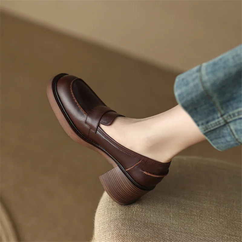 2023 Spring Genuine Leather Slip-On Women Shoes Casual Loafers Round Toe Simple Shoes Chunky Heel Shoes Woman Zapatos De Mujer