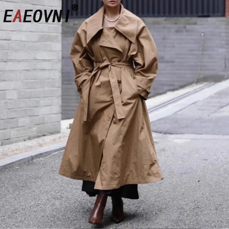 

EAEOVNI Fashion Khaki Long Trench Coat Women Lapel Single Button Belt Gathered Waist Windbreaker Office Lady 2025 New Clothing