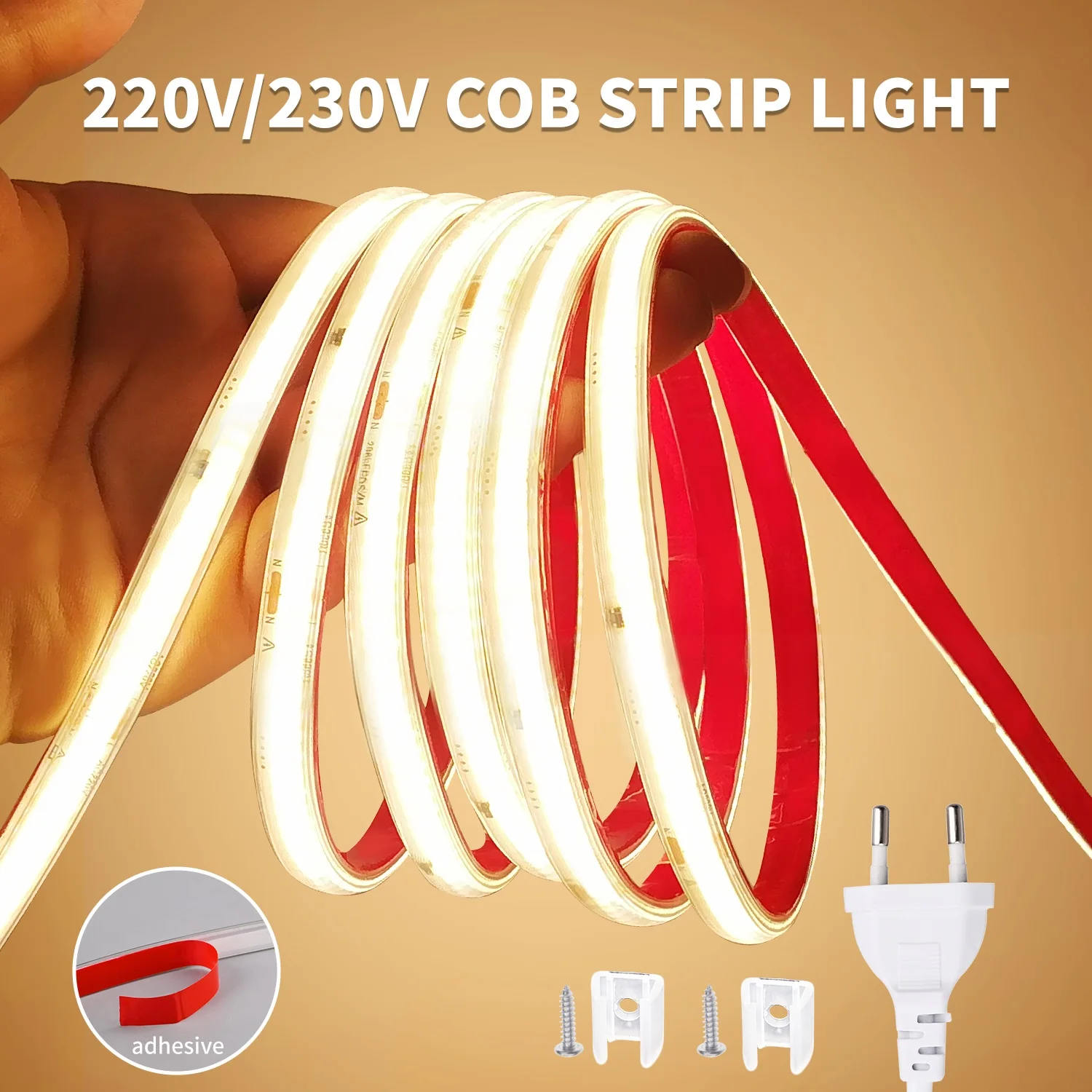 

220V COB LED Strip Light 296 LEDs/m High Brightness Waterproof Flexible LED Tape Ribbon for Room Kitchen Outdoor Lighting 230V