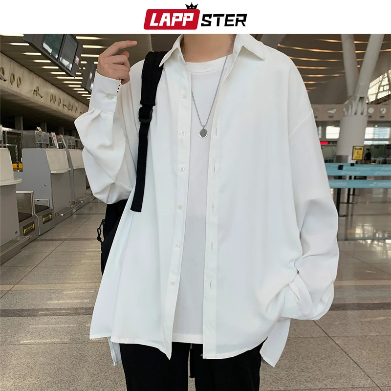 LAPPSTER Men Solid Shirts Clothing Vintage Clothes 2023 Mens Button Up Shirt White Harajuku Shirts Male Korean Fashion Blouses