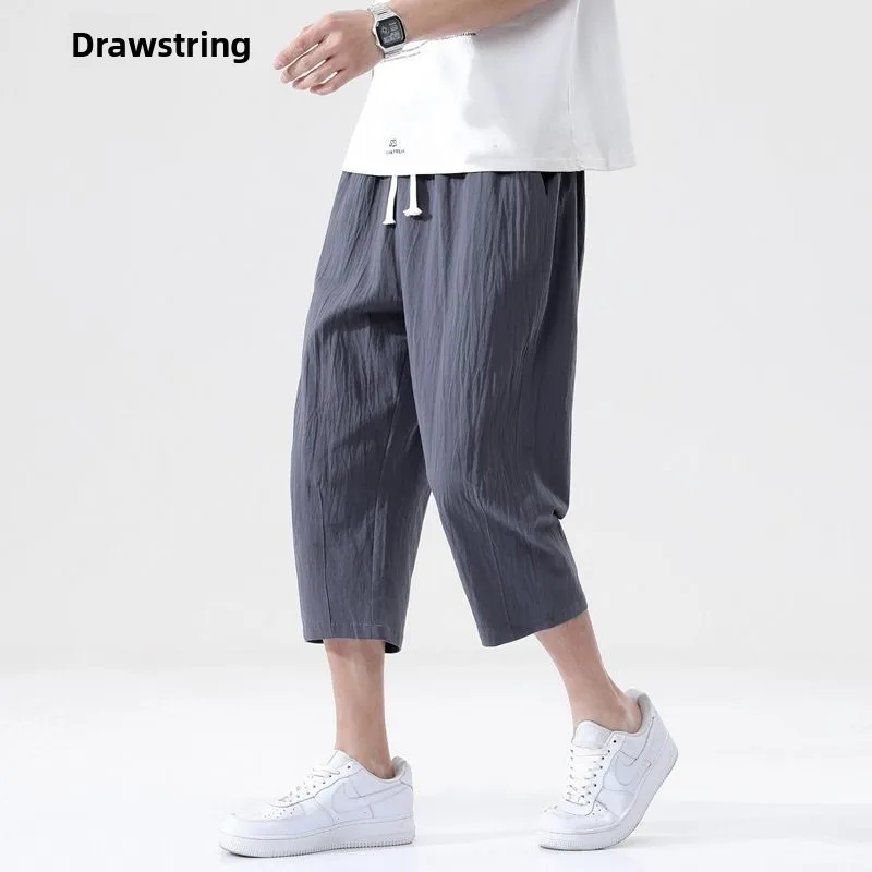 Men's Summer Thin Cotton Linen Sporty Casual Loose Wide Leg Nine-Foot Pants Harlan Style Elastic Waist mid Waist Youthful