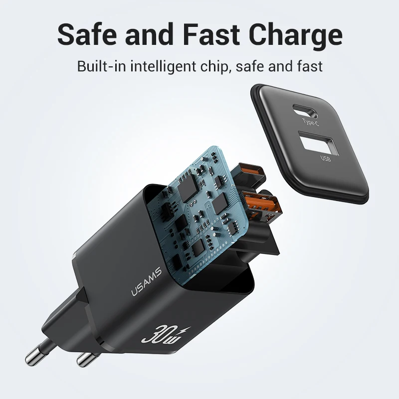 USAMS Dual USB Fast Charger 30W Type C PD Quick Charge 3.0 Phone Charger for iPhone 15 14 13 12 11 Pro Max Xiaomi Samsung Tablet