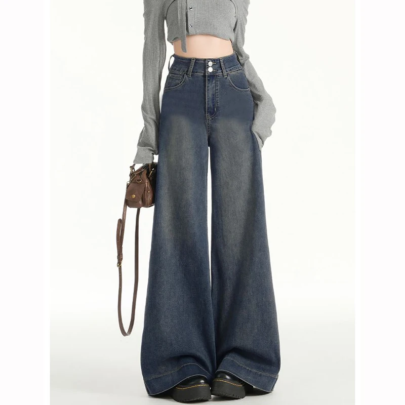Women Retro Blue Straight Leg Jeans Female High Waist Thin Denim Pants Girls Korean Fashion Double Button Loose Trousers