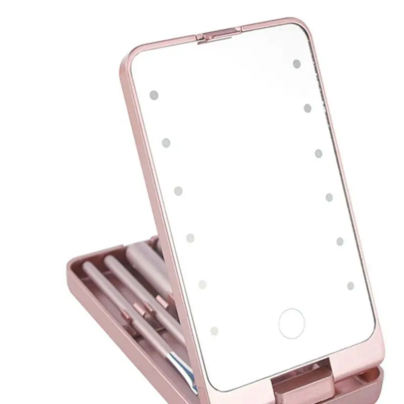 BHBD-Mirror Portable Makeup Mirror With 5 Brushes Storage Box LED Touch Portable One-Face Storage Box Makeup Mirror Black