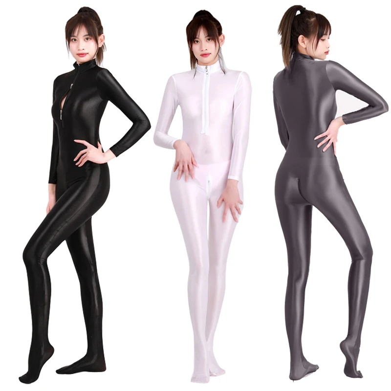 New sexy women glossy oily tights Open Crotch white bodysuit High elasticity Shiny Silky Jumpsuits See Through swimsuit