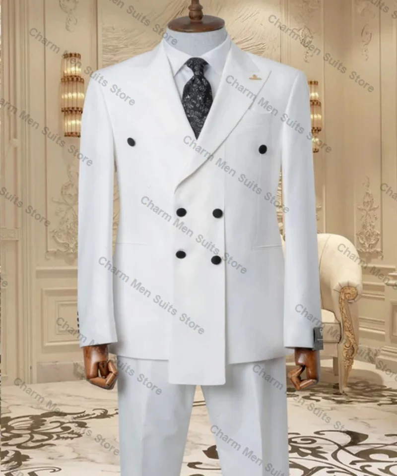 White Men Suits Set 2 Piece Blazer+Pant Trousers Cotton Customized Wedding Tuxedo Formal Office Business Prom Dress Jacket Coat