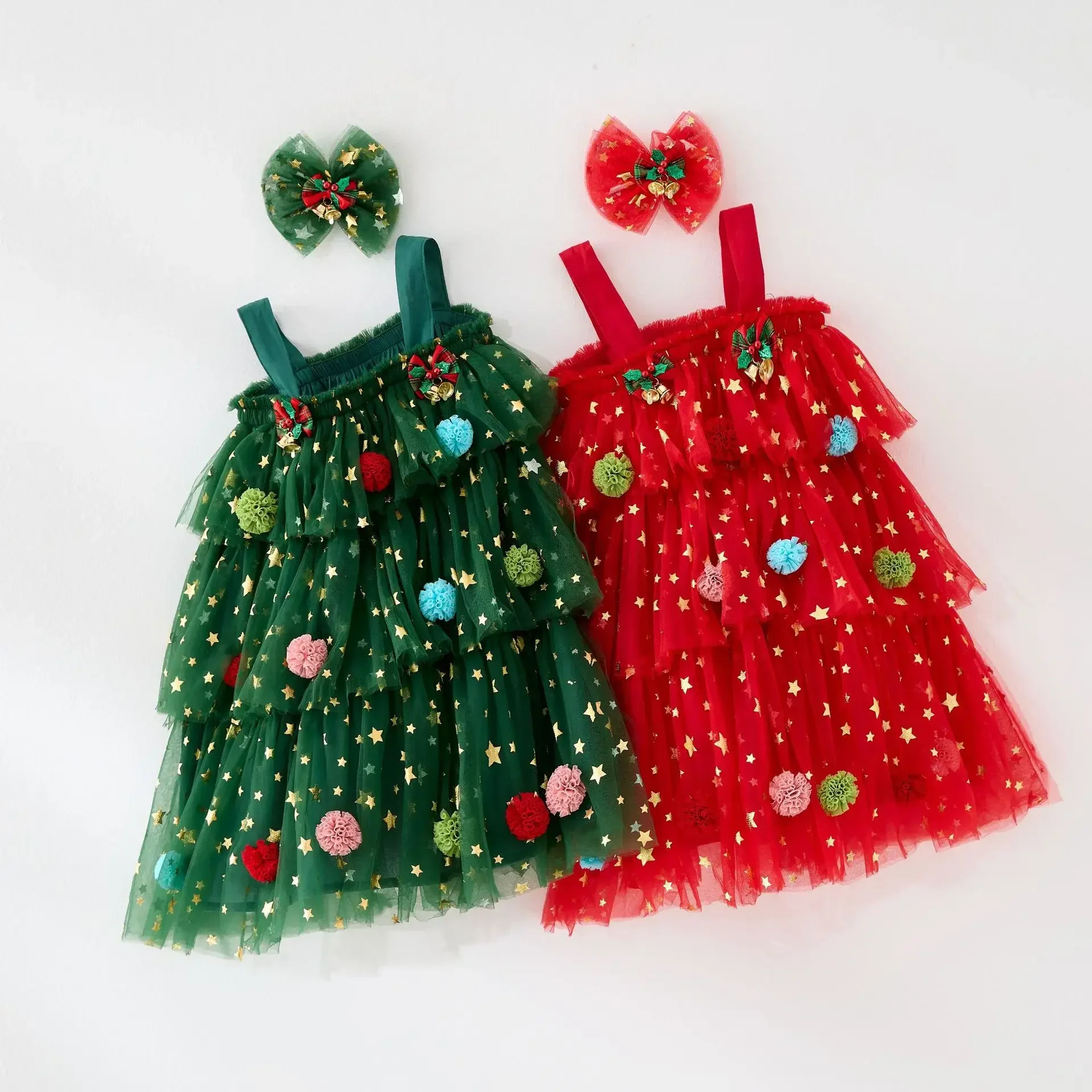 Baby Girls Christmas Tree Dress Sling Star Sequined Mesh Vestidos Layered Tulle Cake Dress with Plush Ball 1-6Years