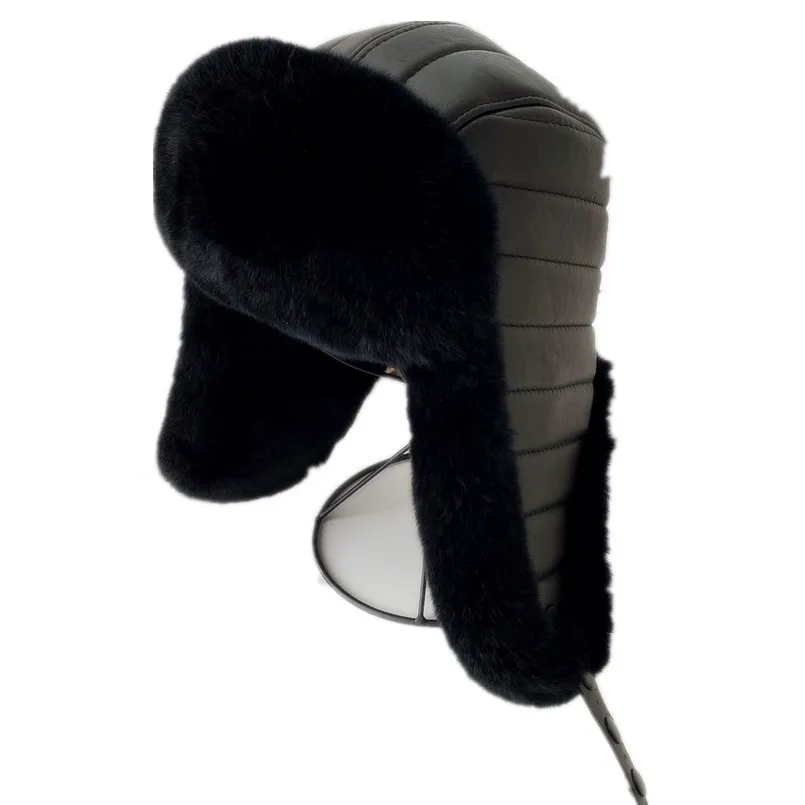 

New Women Men Unisex 100% Natural Rex Rabbit Fur Hat with Genuine Sheepskin Leather Bomber Hats with Earflap Winter Russian Cap