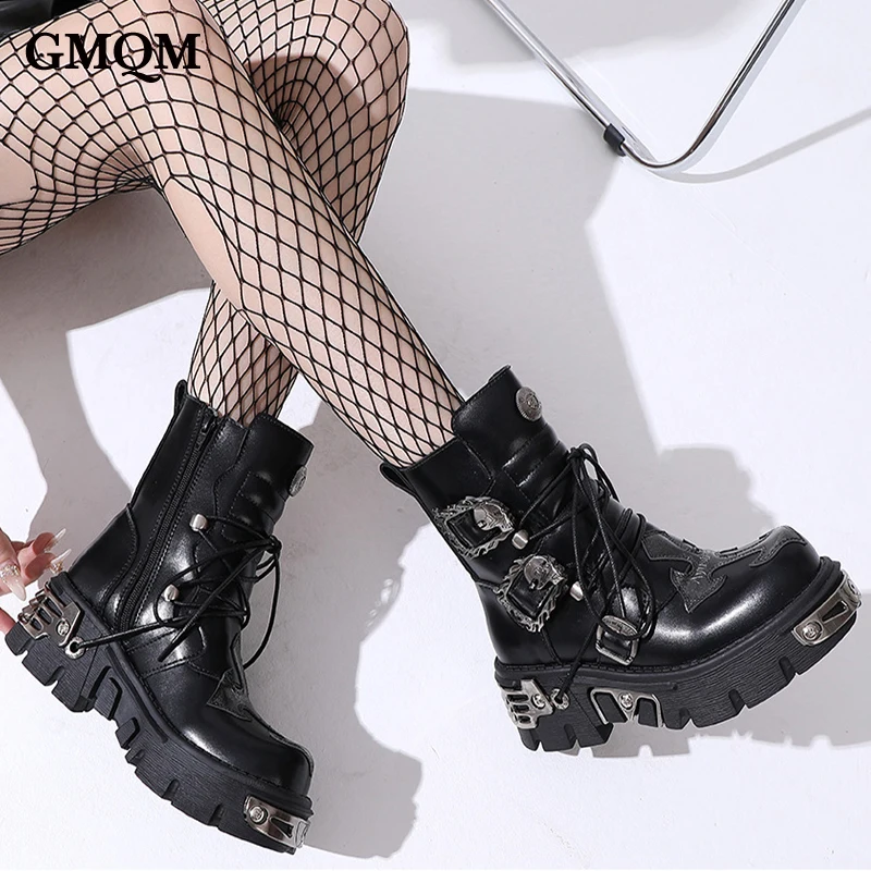 GMQM Platform Fashion Women Ankle Boots New 2024 Motorcycle Boots Metal Decoration Punk Gothic Style Round Toe Thick Sole Shoes