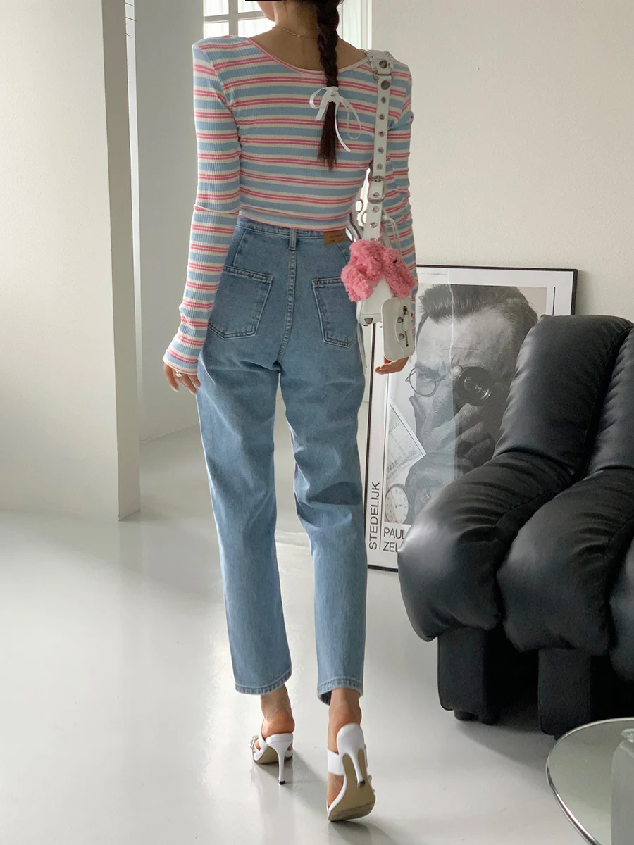 Retro Waed High Waist Women's Jeans Cut out Hole Nine Point Long Leg Lengthening Slimming Matched with Frayed  Capri Pants