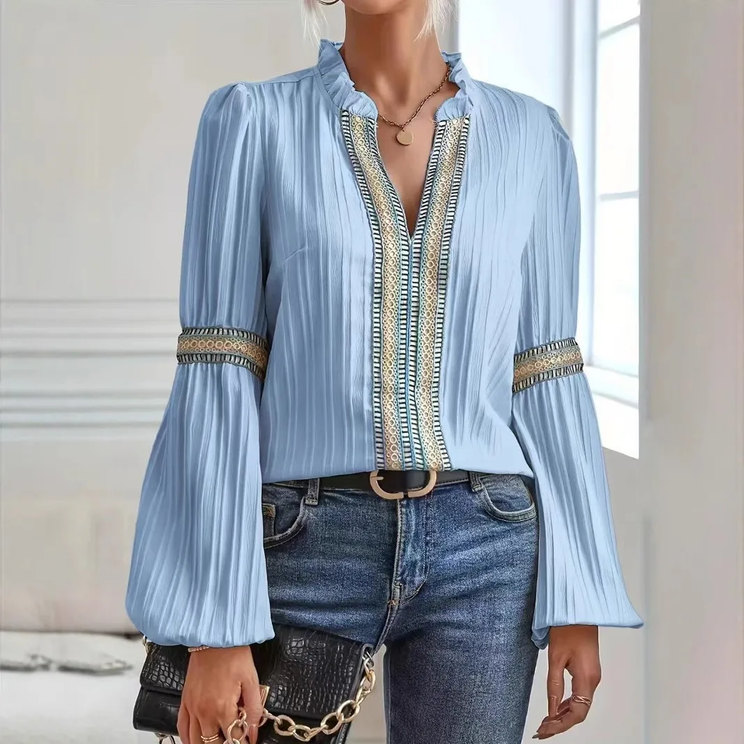 Applique Patchwork Shirt Regular Fit Elegant Long Sleeve with Text Pattern Slight Stretch Regular Length Casual Women Blouse