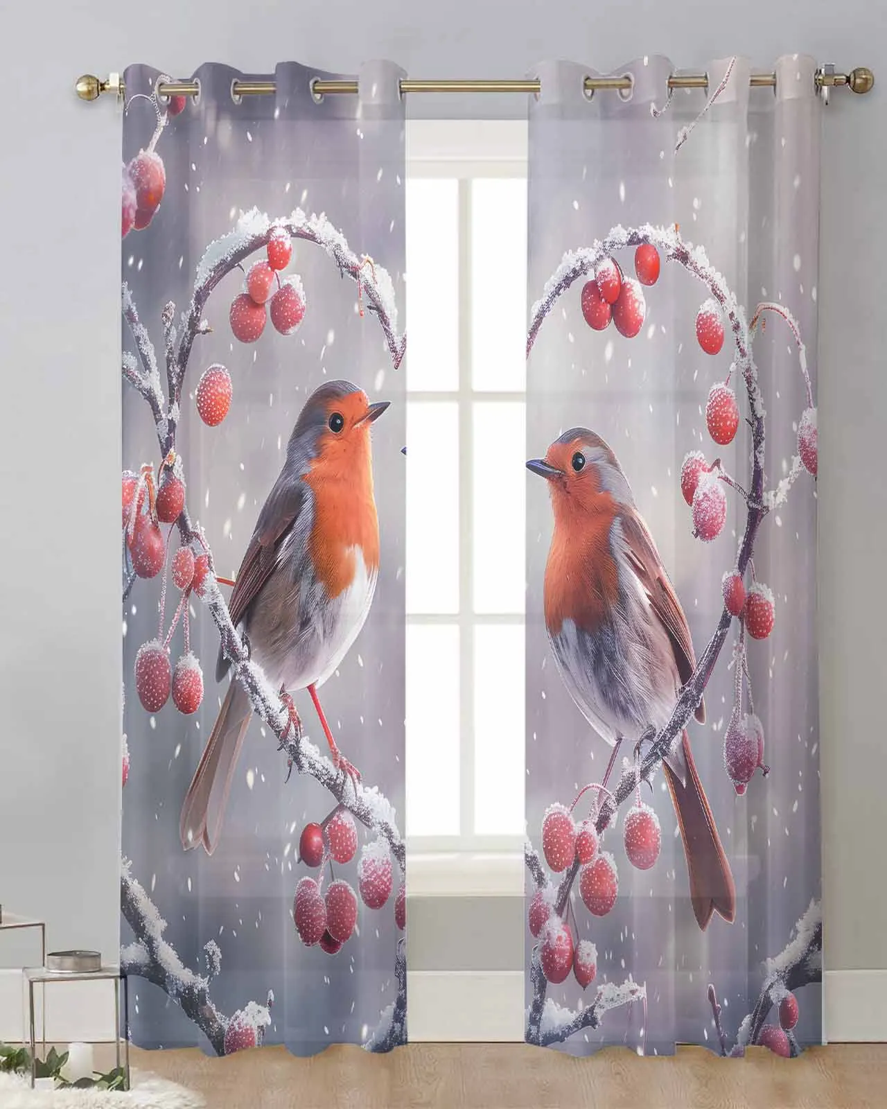 

Christmas Snowflake Bird Red Fruit Love Sheer Curtains for Living Room Printed Tulle Window Curtain Luxury Home Decor Drapes