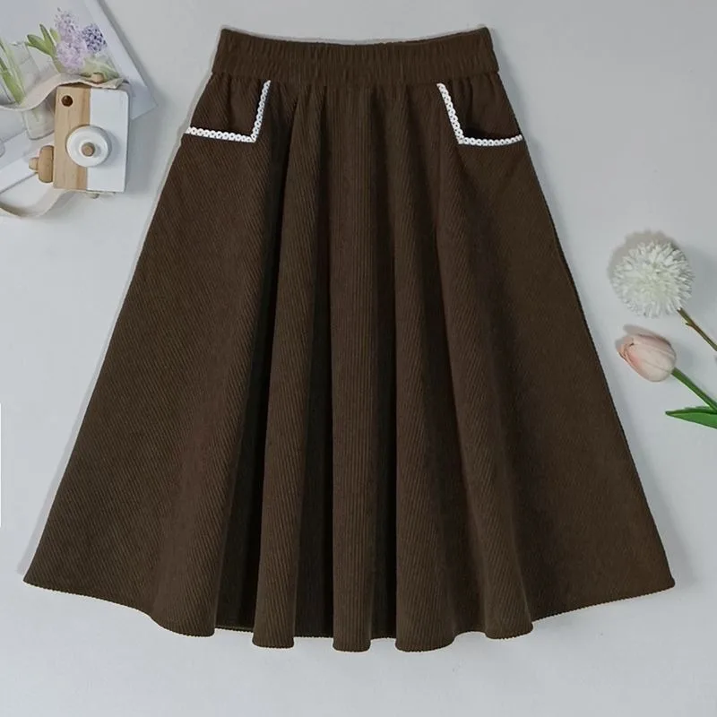 Corduroy Midi Skirt for Tween Girls Autumn Winter Black Pockets Versatile Comfortable School Casual Wear
