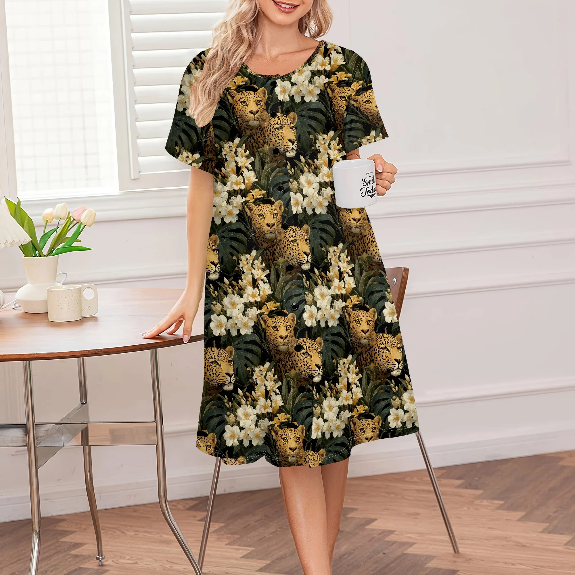 

Tropical Leopard Print T-Shirt Dress for Women Jungle Floral Summer Vacation Look Casual Loose Dress S-3XL