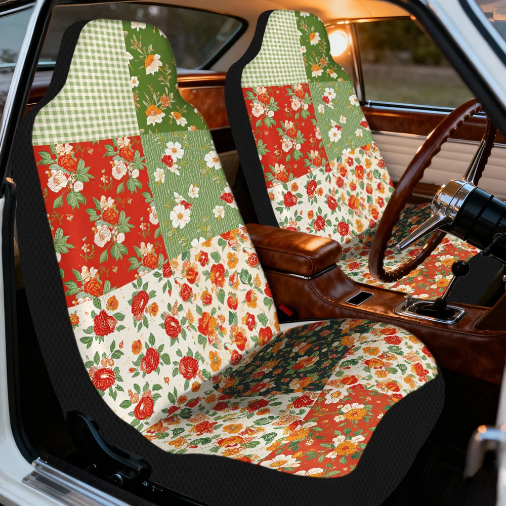 Set Of 2 Car Seat Covers Featuring A Chic Patchwork Design In Green And Red Floral Patterns, Ideal For Enhancing The Front Seat