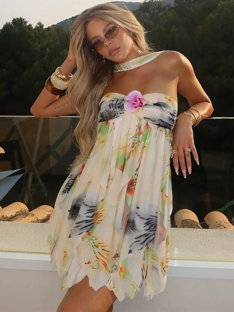 FDYOUI Woman Clothes Pink Mini Dress Sexy Halter Off Shoulder Backless T-shirt Dresses Girls Floral Print Party Club Streetwear