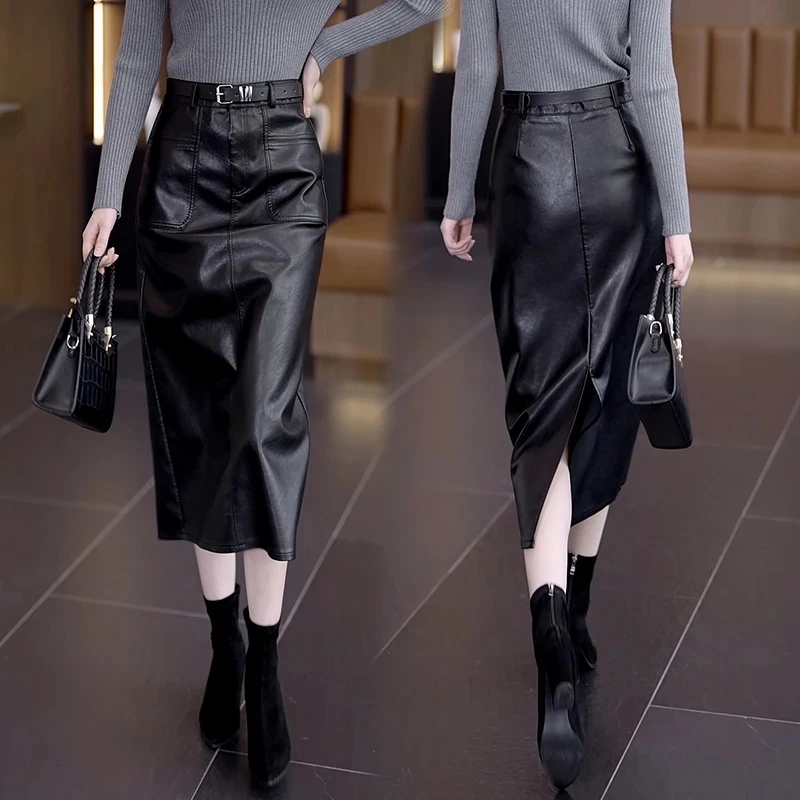 

Spring Autumn Leather Skirt Women Korean High Waist PU A-Line Skirts Office Female Slim Split Package Hip Skirts Mujer Faldas