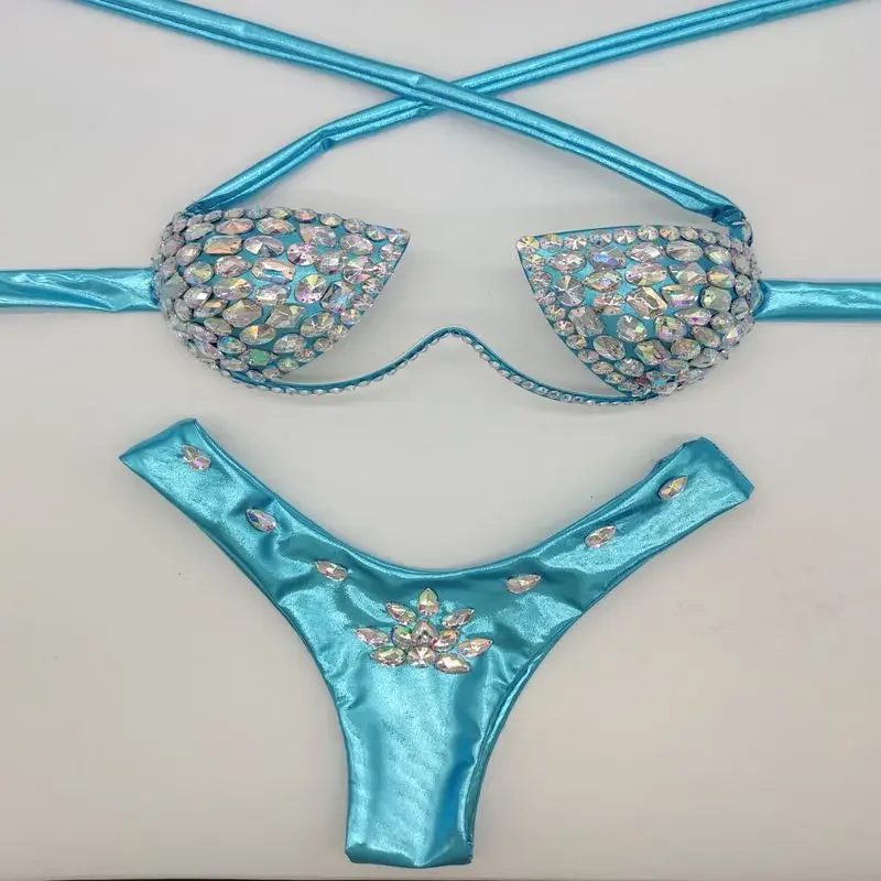 2023 New Bright Diamond Strap Bikini, Colorful High Waist Strap Open Back Swimwear Two Piece Set, Bodybuilding Performance Wear