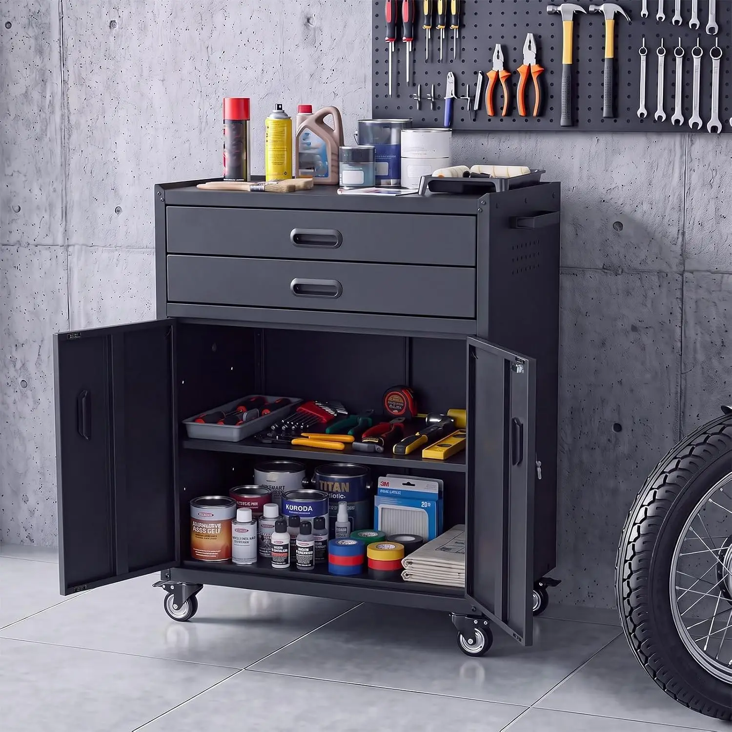 Heavy Duty Metal Rolling Tool Cabinet with Wheels Garage Storage Mobile Storage Cart Double Drawer for Home Office,Garage,Warehouse