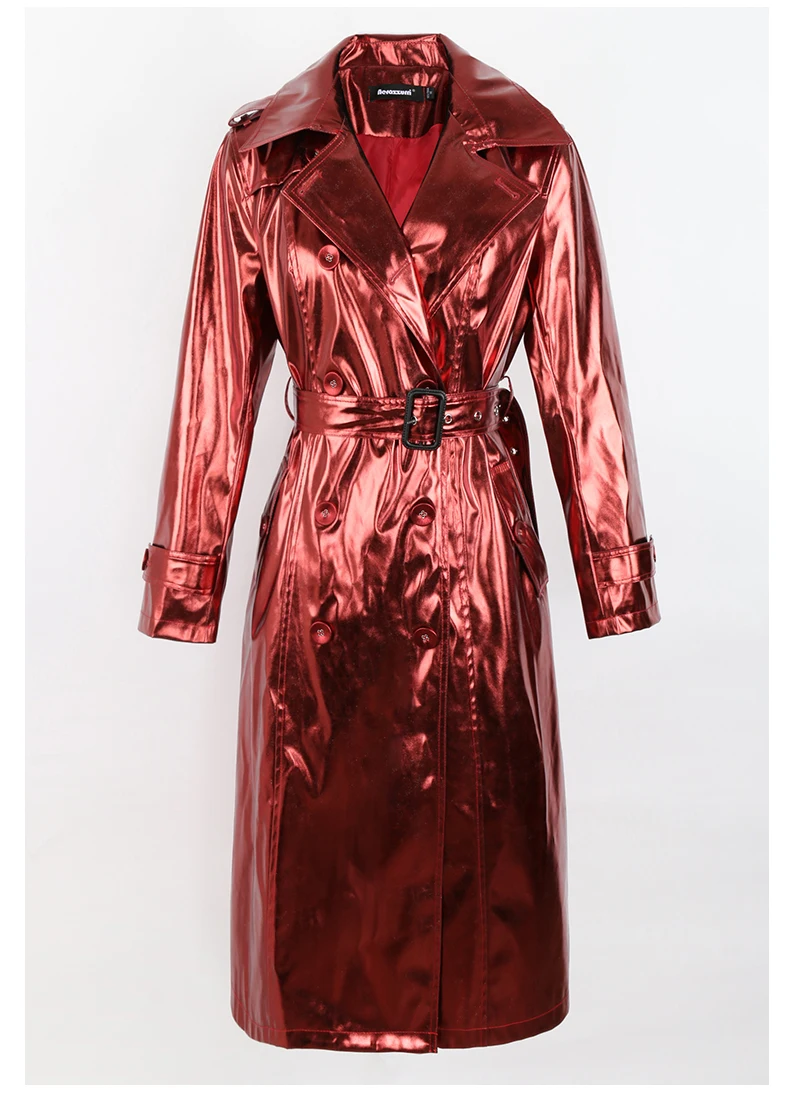Nerazzurri Spring Autumn Long Shiny Reflective Patent Leather Trench Coat for Women Sashes Double Breasted European Fashion 2022