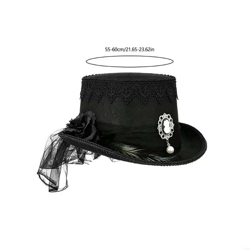 Flocked Top Hat Delicate Black Lace Decorated Hat Imitation Pearl Brooch Hat Gothic For Theme Parties Cosplay Costume Stage