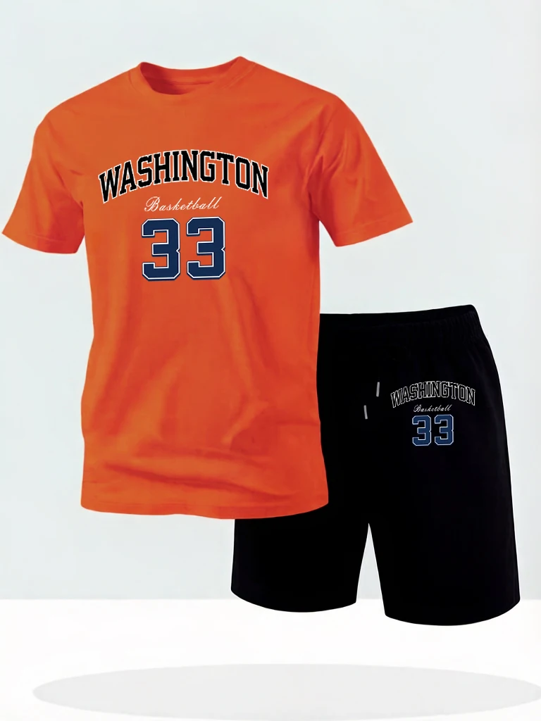 

Washington Basketball Number 33 Design Cotton Running Short Sleeve Basic O-Neck Streetwear Male Suit Beach Summer Tee & Shorts