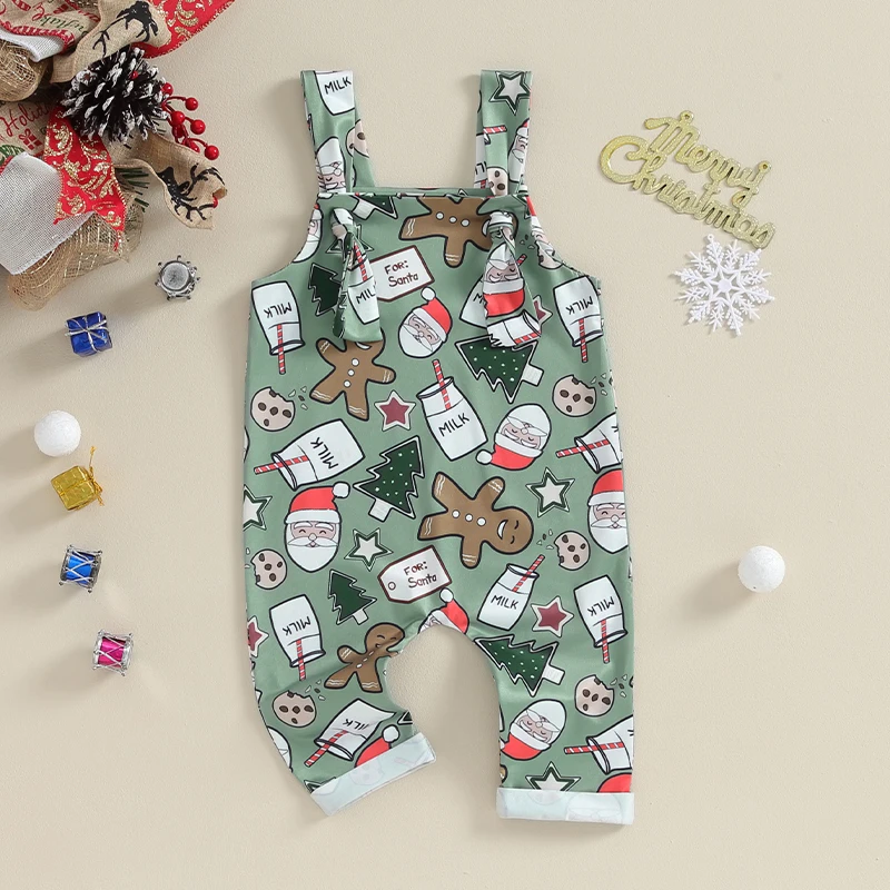 FOCUSNORM 0-24M Infant Baby Girl Boys Christmas Romper Sleeveless Square Neck Cartoon Print Bib Pants Overalls