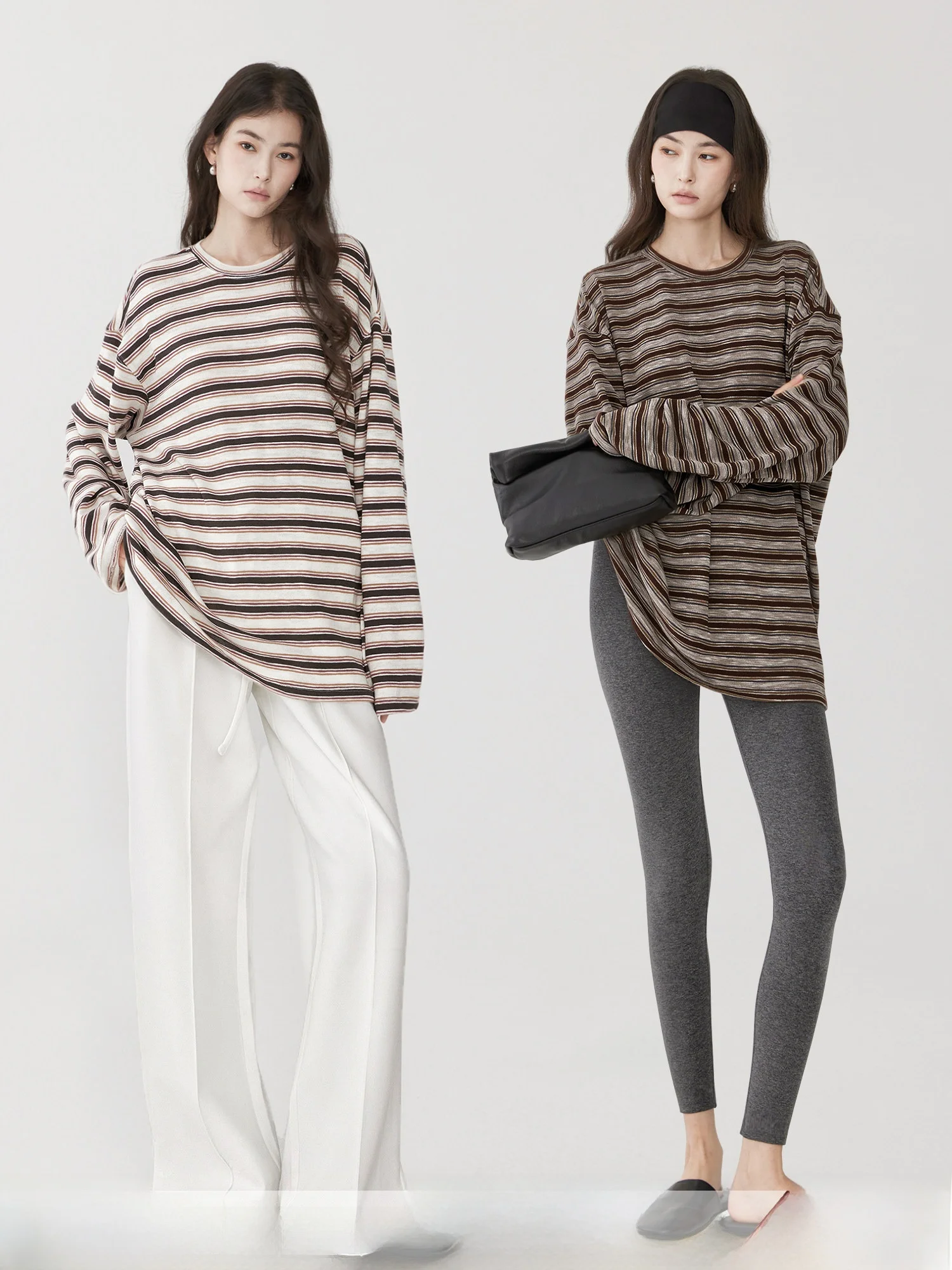 

Удобная тонкая повседневная женская футболка в американском ретро-стиле с полосками, круглым вырезом и длинными рукавами, свободного кроя, из мягкой хлопково-полиэстеровой смеси