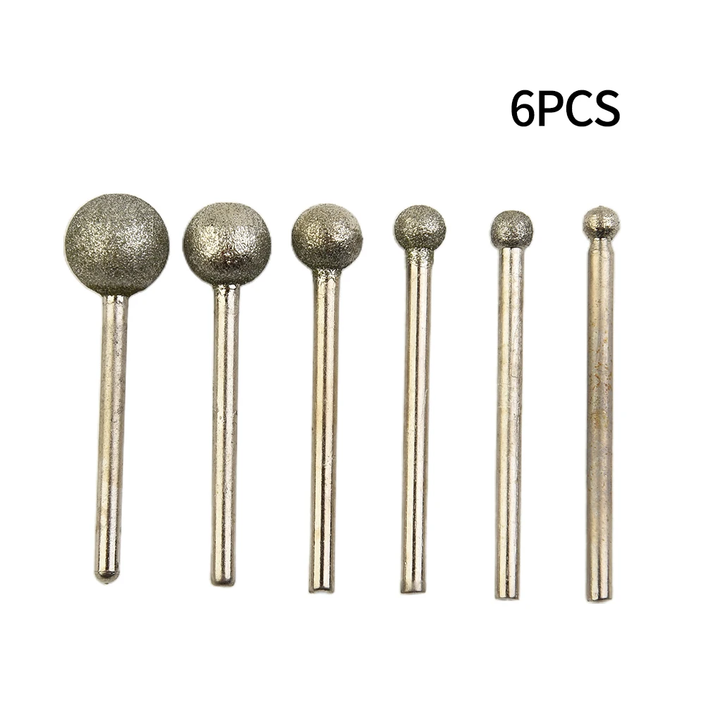 6pcs Diamond Round Ball Burr Drill Bit Set For Carving Engraving Drilling 4/5/6/8/10/12mm Grinding Needle Head Rotary Tool