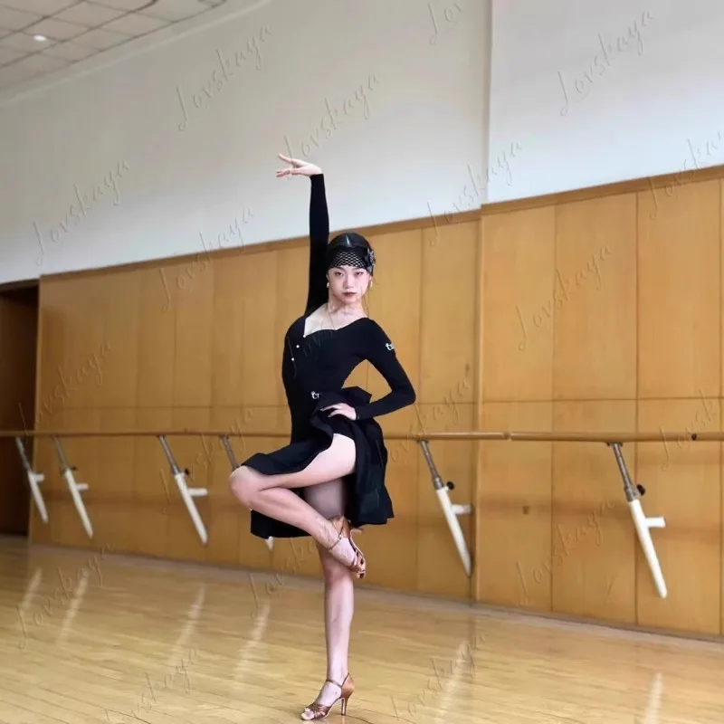 Latin Dance Dress Square Collar Latin Modern Long-sleeved Top Big Swing Skirt Art Test Performance