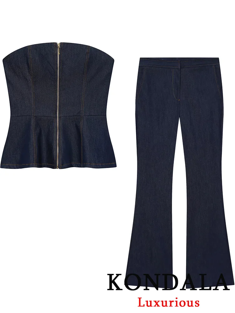 

KONDALA сексуальный шикарный женский ковбойский костюм на молнии без рукавов с открытой спиной топ с длинными карманами брюки новая мода 2025 осенние джинсовые костюмы