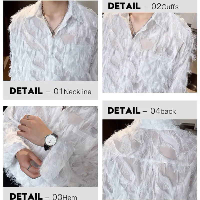 Men 3D Fabric Tassels Splice Translucent Mesh Loose Casual Long Sleeve Vintage Party Dress Shirts Blouse Stage Clothes