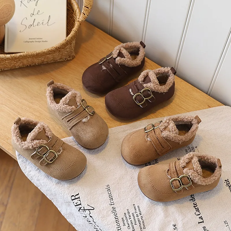 Autumn Winter Kids Shoes Casual Flat Shoes Girls Boys Soft Loafers Fashion Comfort Warm Plush Slip on Kids Cotton Shoes