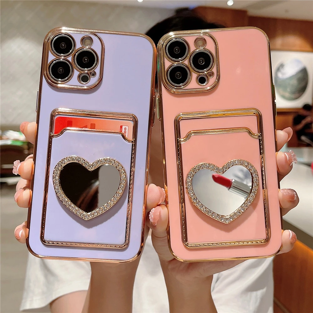 Luxury Glitter Diamond Makeup Mirror Plating Card Holder Case For iPhone 15 11 12 13 14 Pro Max XR X XS 7 8 Plus SE Wallet Cover