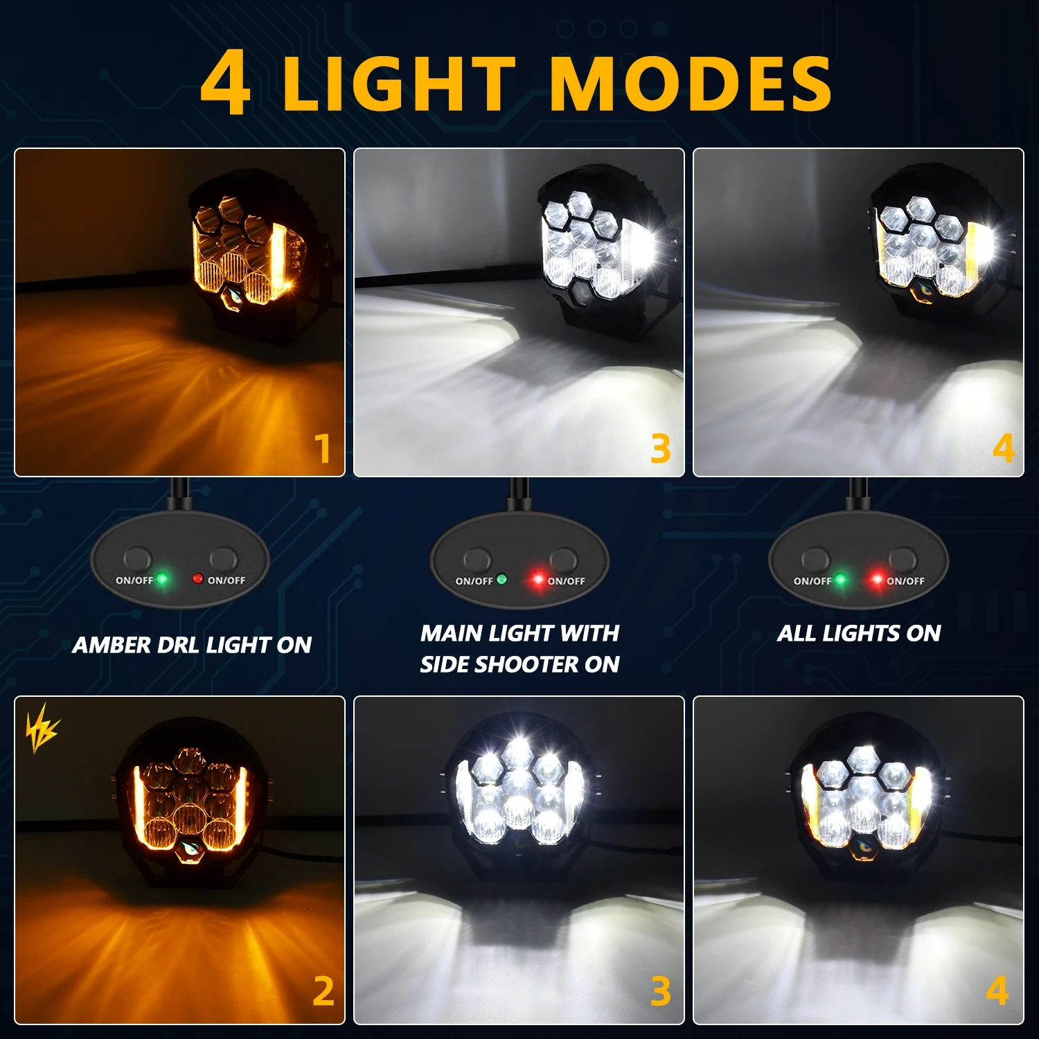 MONDEVIEW 7-inch E7 Plus three sided flashing work light 300000LM 280W daytime running light suitable for SUV Jeep Truck ATV