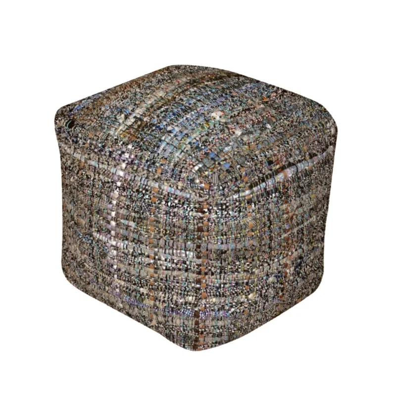 

Khaki Handcrafted Fabric Pouf Recycled Denim Paper Multicolor Braided Design Crafted Details Fully Assembled Easy Care