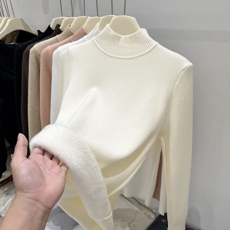 

Новый осенне-зимний повседневный свитер с длинным рукавом, теплый пуловер с воротником-стойкой, вязаный топ, женский элегантный модный однотонный трикотаж 40