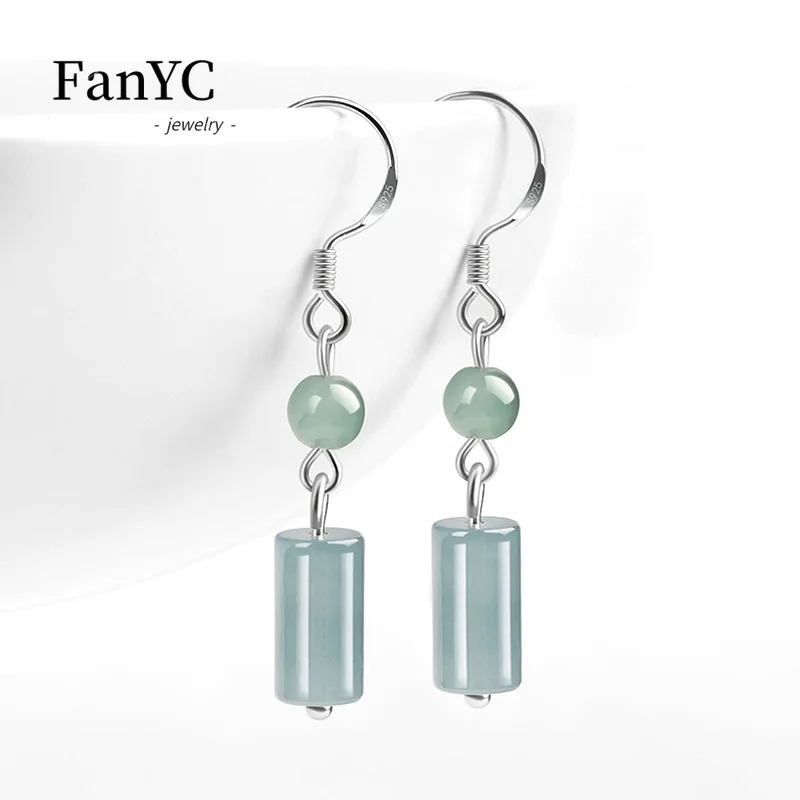 

S925 Silver Inlaid Myanmar Jadeite Blue Water Jade Pillar Earrings Ancient Style High-grade Ice Jade Earrings Ladies Gift