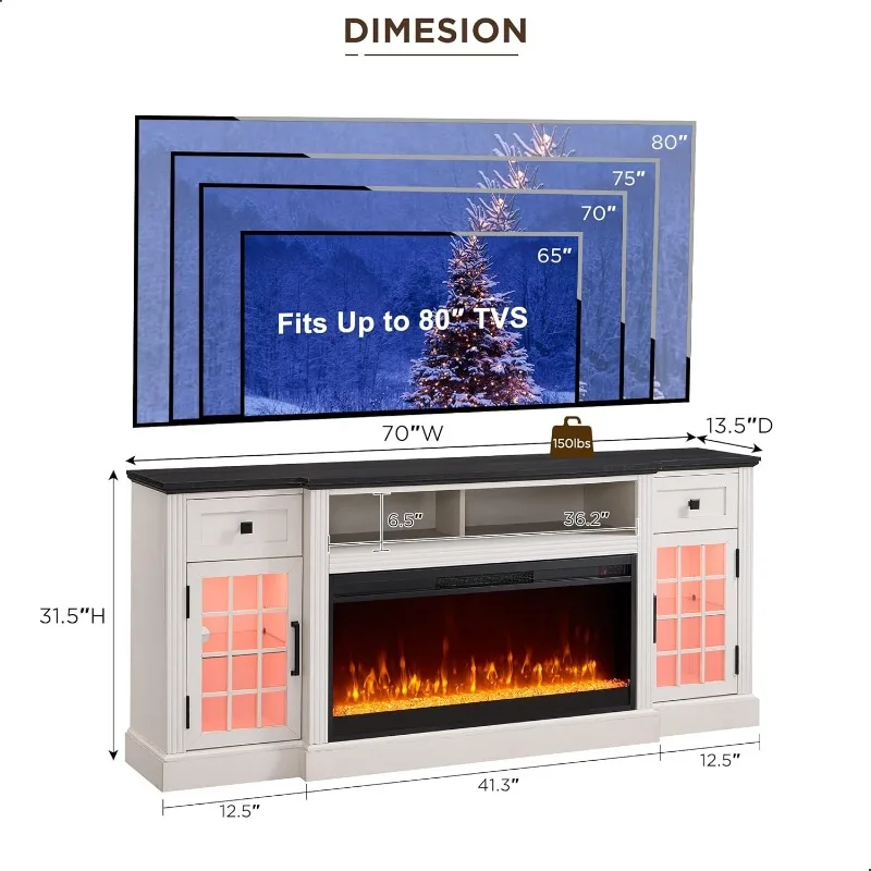 Farmhouse Fireplace TV Stand for 80 Inch TV, Entertainment Center w/ 36'' Electric Fireplace & LED Lights, Mordern Media Console