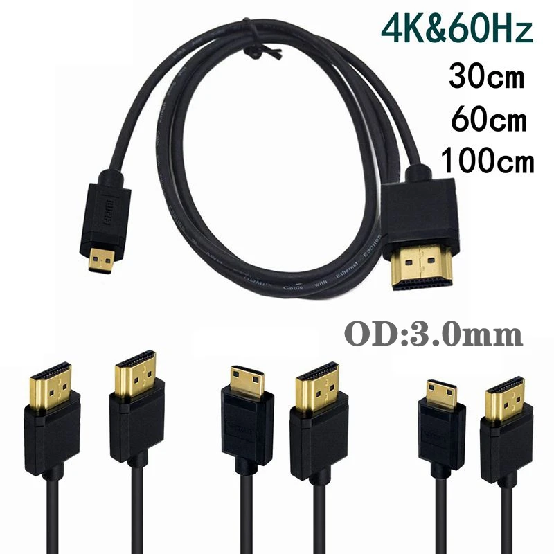 OD3.2mm Super Soft Micro HDMI To HDMI-compatible To Mini HDMI Cable Ultra Thin 4k@60hz Light-weight Portable 1ft Short Thin Hdmi