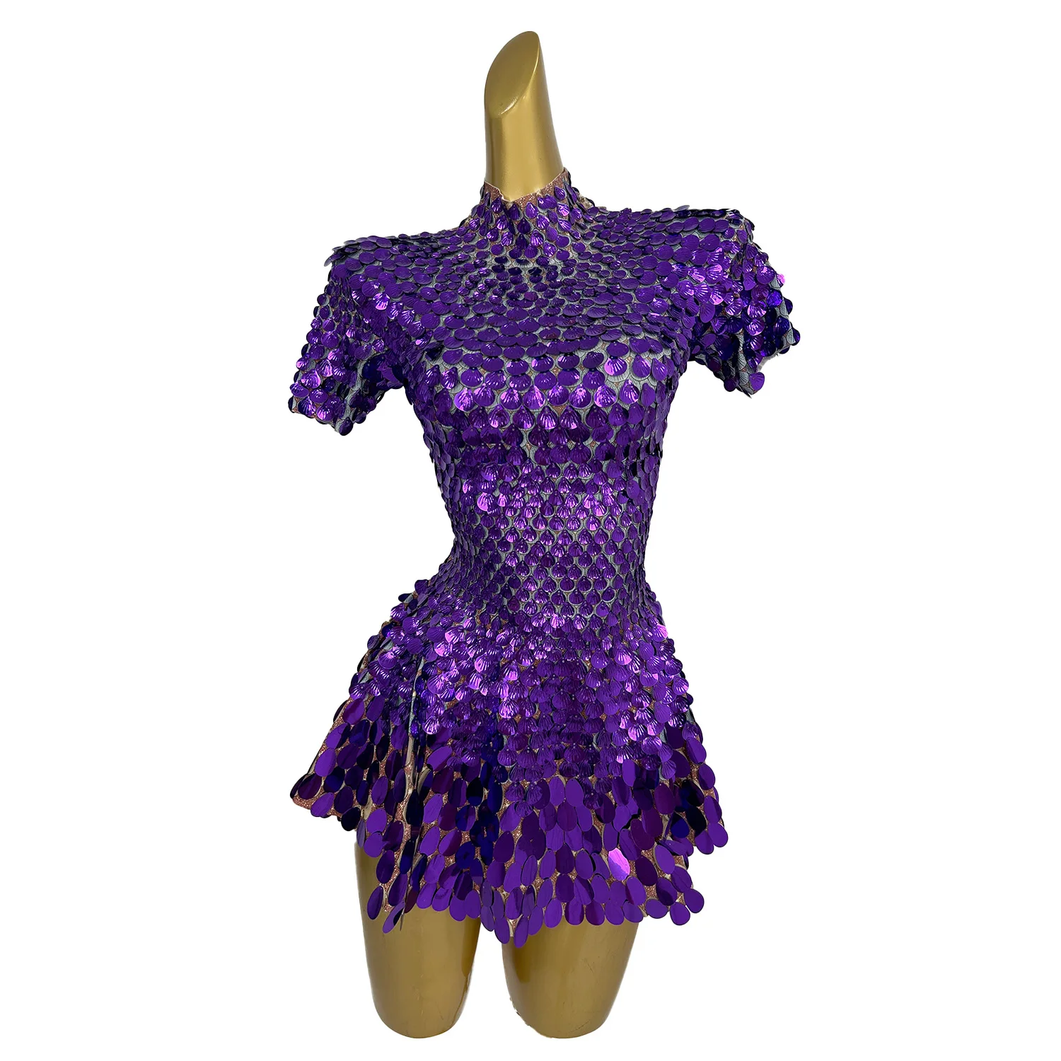 Sexy Purple Shell Sequins Mini Dresses Black Girls Nightclub Dance Stage Show Clothing Clubbing Birthday Party Dresses Pleated