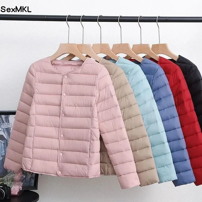 

2023 Women Jacket Coats Winter Casual Ultralight Collarless Korean Coat Portable Female Padded Parkas O-Neck Puffer Overcoat